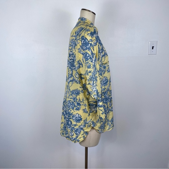 Zara Basic Tunic Blouse Button Down Blue Yellow Flower Print Sz Small 3/4 Sleeve - Picture 4 of 10
